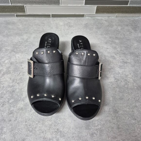 39 Ateliers Black Leather Studded Slip on Sandals Mules - Picture 3 of 10